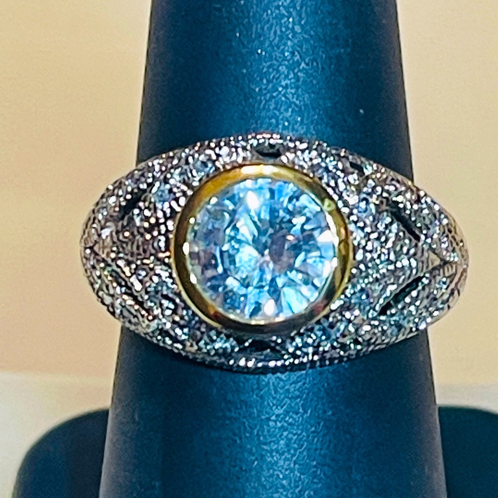 💍Elegant Filigree, Vintage Style 925 Silver & Gold Round Cut Faceted Zircon Ring